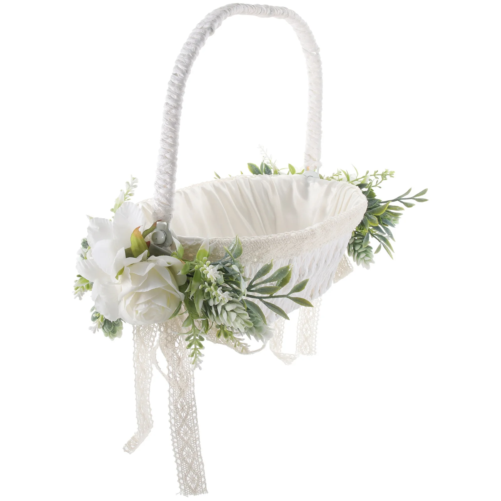 

Romantic Classic Color Woven Wedding Flower Girl Basket Satin Handheld Basket for Rose Petals Gift Cookie Storage Elegant