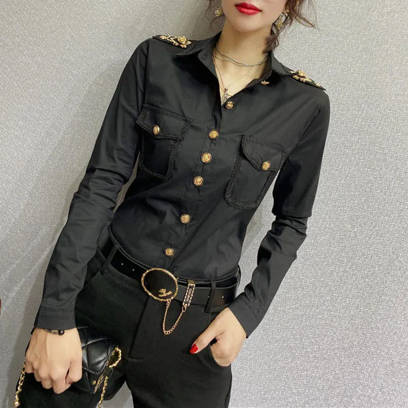 Streetwear Fashion Epaulet Shirt Spring Autumn Chic Single-breasted Women\'s Clothing Solid Color Bright Line Decoration Blouse