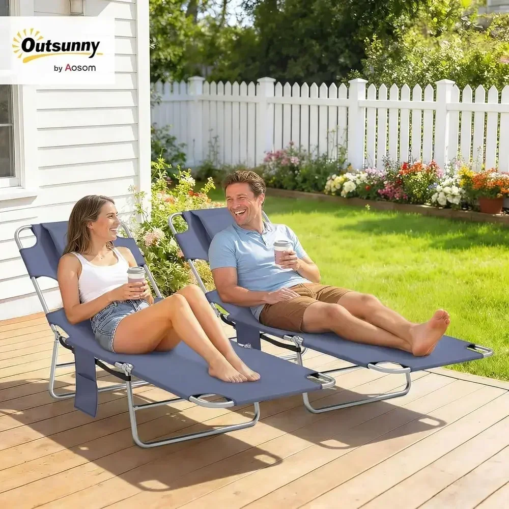 Gray Outdoor Chaise Lounge Set of 2 with Arm Holes, 5-Position Reclining for Tanning, Portable Folding Bed or Patio Beach Pool C