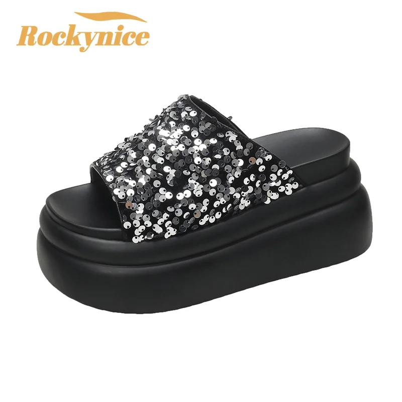 

9CM Thick Bottom Summer Bling Leather Slippers Women's Sandals 2024 Women Wedges High Platform Flat Shoes Woman Beach Flip Flops