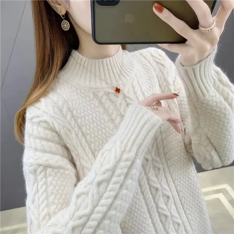 Moda suelta cálida medio cuello alto Twist pulóver suéter abrigo Tops 2025 Otoño Invierno tejidos nuevos camisa Base ropa exterior de mujer