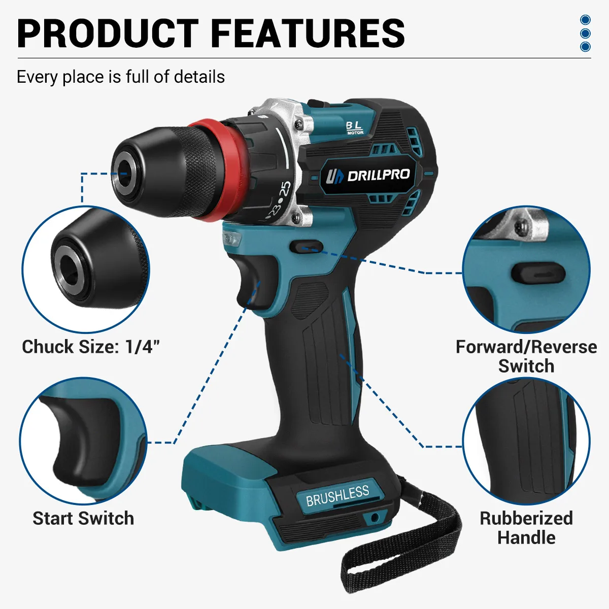 Drillpro 2in1 Brushless Electric Screwdriver 280N.m Multifunctional Wireless Electric Drill Power Tool for Makita battery