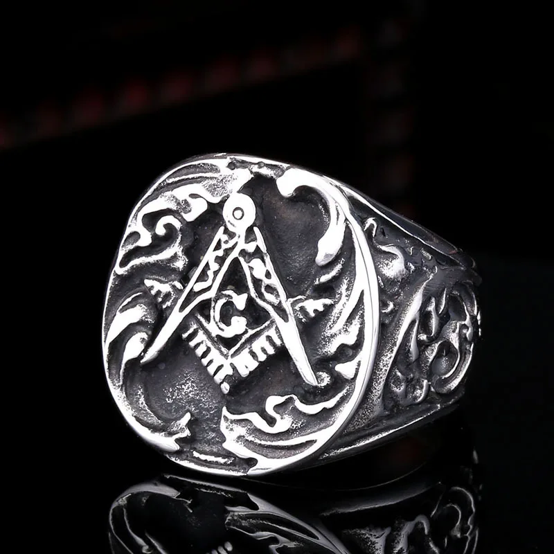 

Steel Warrior European and American personality retro men trendy titanium steel ring carved Masonic ring jewelry wholesale