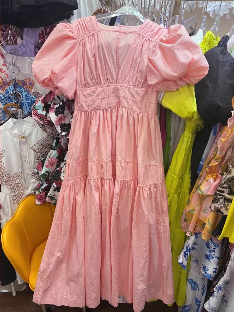 2025 verano mujer sexy escote en V profundo manga de burbuja plisado vestido de cintura alta moda dobladillo suelto falda pommel
