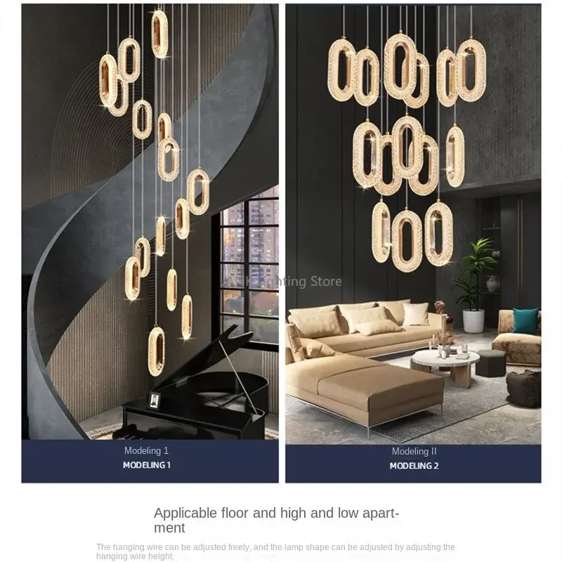 Creative Luxury Gold Acrylic Chandelier Modern Simple Staircase Living Room Bedroom Long Pendant Light LED Home Decorative Lamps