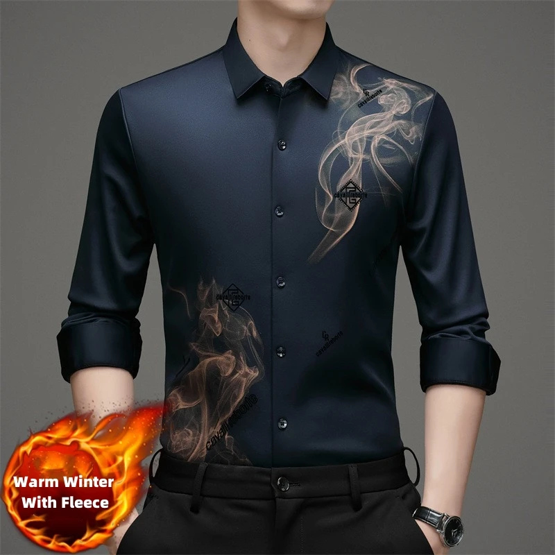 

Men Dress Shirts With Fleece Keep Warm Winter Anti Wrinkle Seamless Top High End Business Long Sleeve No Iron Casual Print Shirt