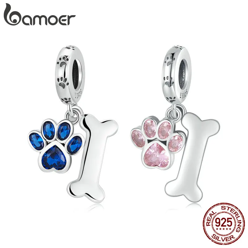 Bamoer 925 Sterling Silver Dog Paw & Bone Pendant Fit for DIY Making Bracelet or Bangle Blue Zirconium Paw Charms Fine Jewelry