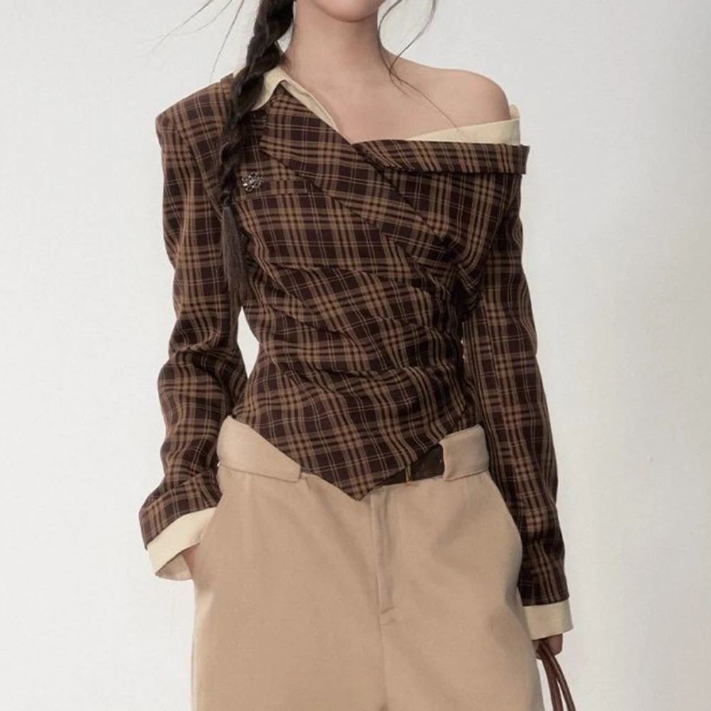 

Plaid off-the-shoulder fake two-piece long-sleeved shirt for women's new autumn design, waist and thin, beautiful clothes