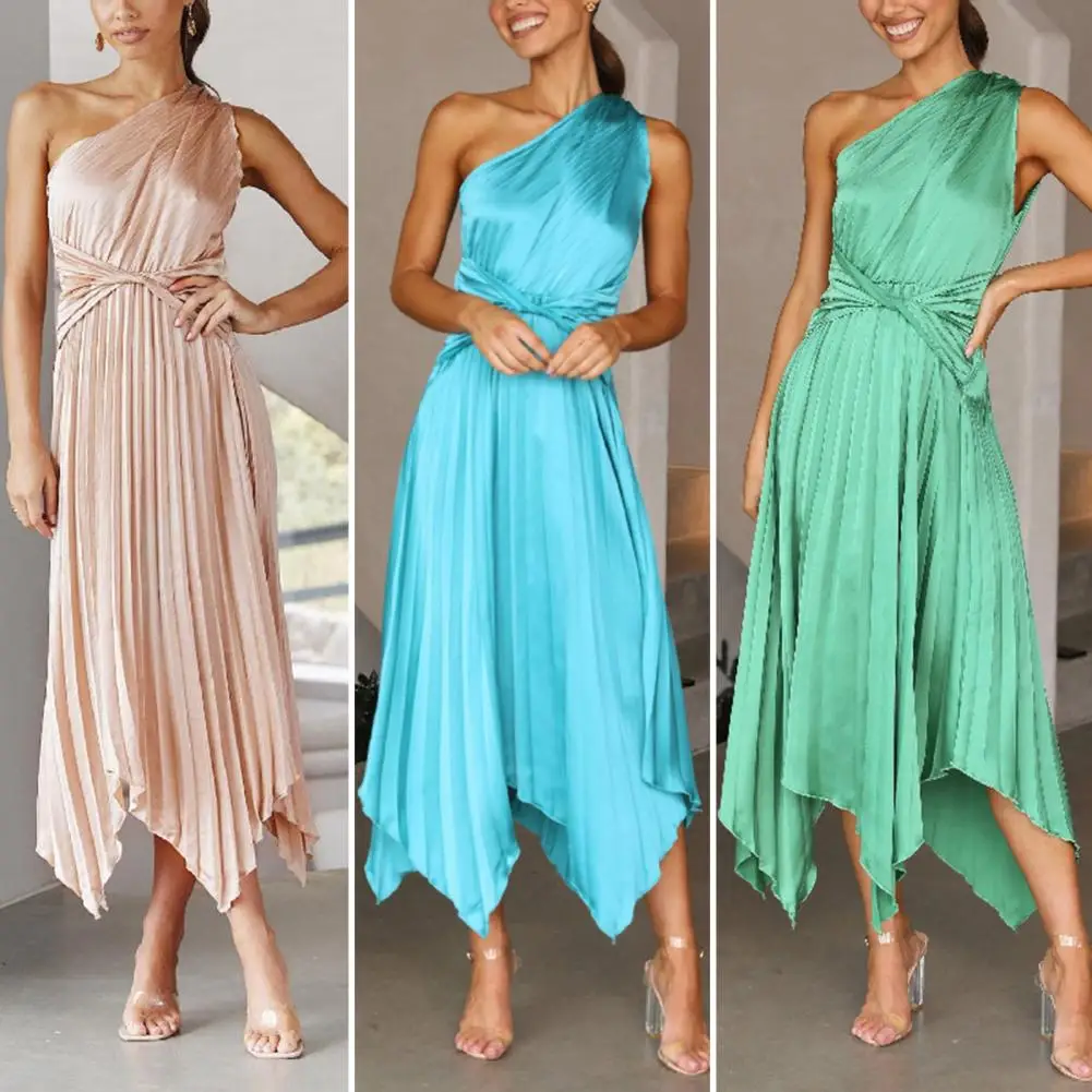 

Sleeveless Waist Tight Irregular Hem High-Waist Summer Dress Skew Collar One Shoulder Pleated Midi Dress Female Clothes