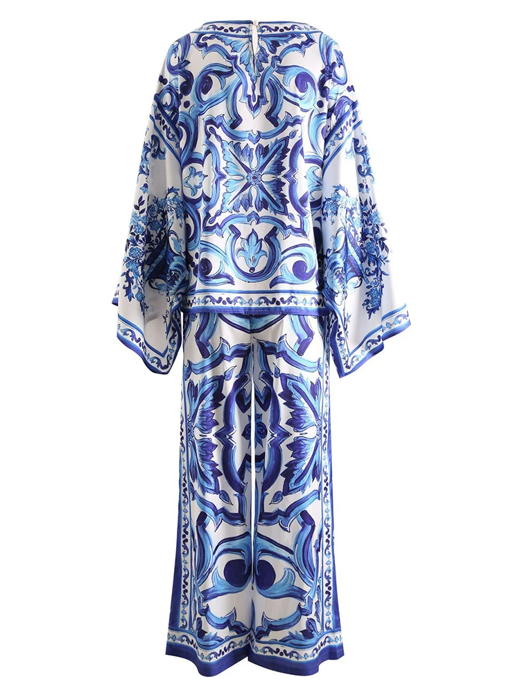 White and Blue Porcelain Printed 2-Piece Set for Women, Batwing Sleeve Top, Flare Trousers, Fashion Vintage Pants Suit