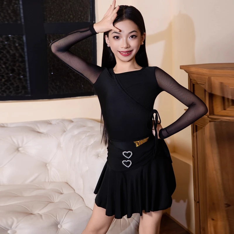 جديد أسود اللاتينية الرقص الزي الفتيات طويلة الأكمام أداء دعوى تشا تشا رومبا ممارسة ارتداء طفل ملابس التدريب اللاتينية VDL4518