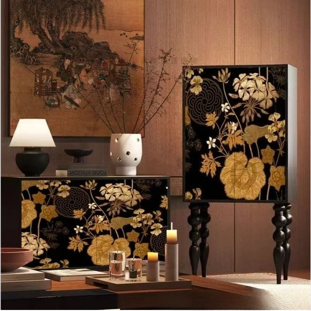 Solid wood tall cabinet printing living room multi-functional storage decorative cabinet