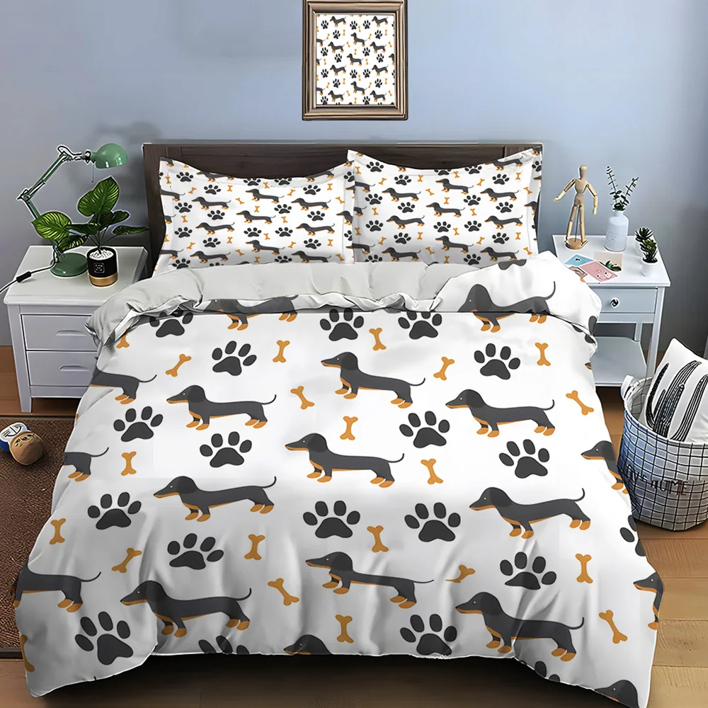 

Cartoon dachshund paw print bone Bedding Set for Kids Luxury Gift 3pcs Digital Print Comforter Set Soft Comfortable Breathable