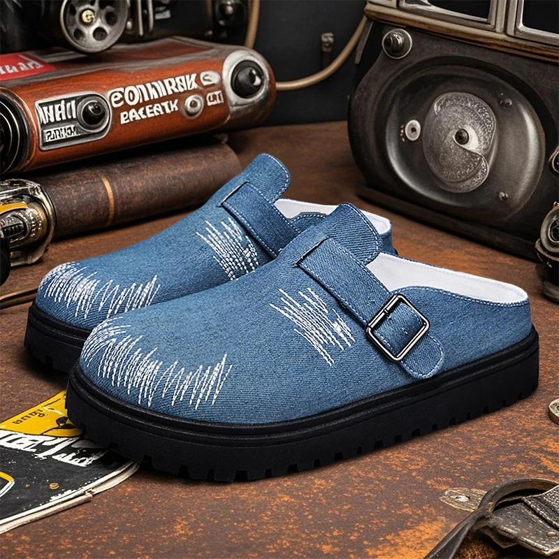 Thick Bottom Half Shoes For Men Mules Denim Platform Closed Toe Sandals Slip On Backless Loafers Slipper Semi-Drag Casual Shoes