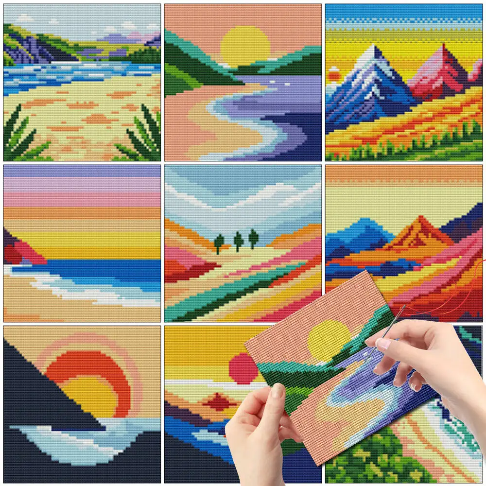 

Momoart 12pcs Mini Mountain Cross Stitch Abstract Landscape No Frame Multi-piece Seaside Embroidery Fabric Sunset Home Decor