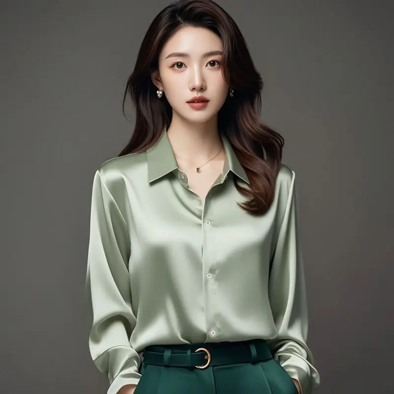 2025 Summer Women's Satin Shirts Elegant Plain Long Sleeve Blouse Office Lady Button-Up Shirt Top Female Shirts Blouse Autumn