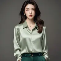 2025 Summer Women's Satin Shirts Elegant Plain Long Sleeve Blouse Office Lady Button-Up Shirt Top Female Shirts Blouse Autumn 5