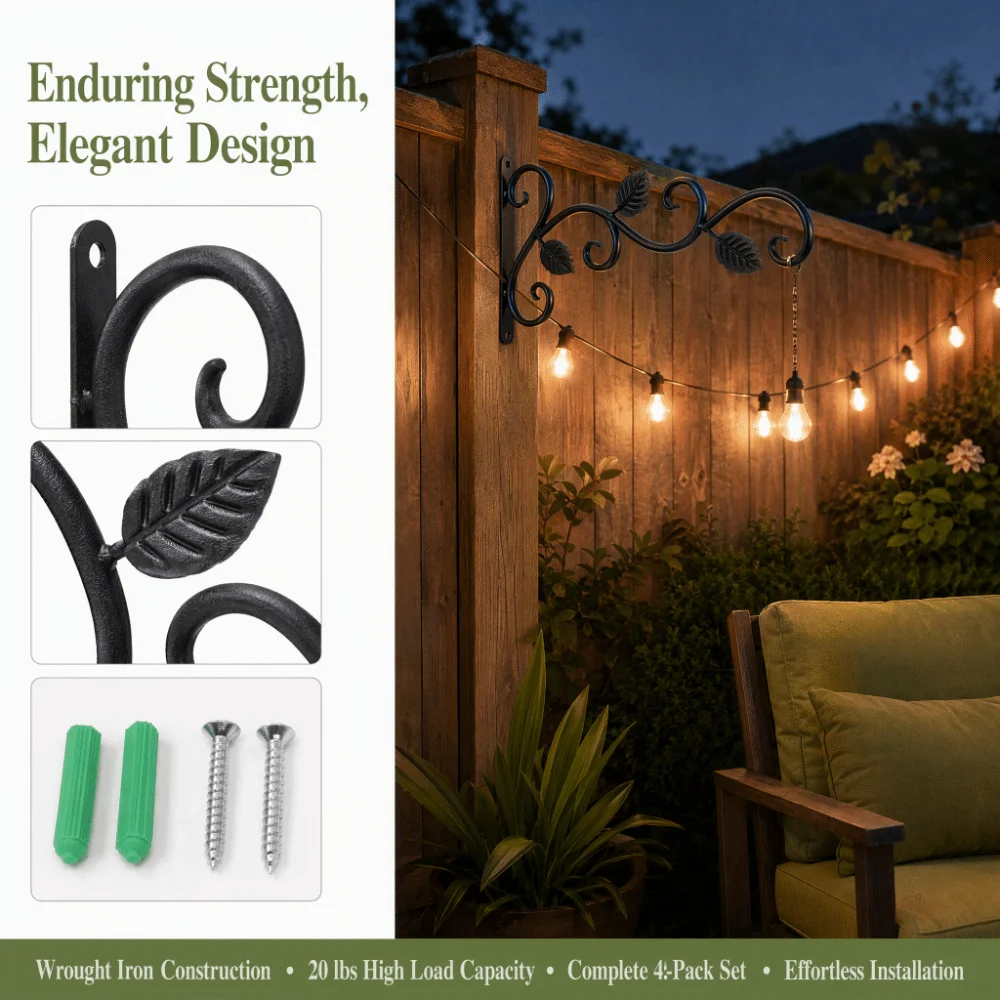 4pcs Wall-Mounted Wall-Mounted Hooks Hanging Bracket Curved Tips Hanging Brackets Black Paint Finish Leaf Model Design