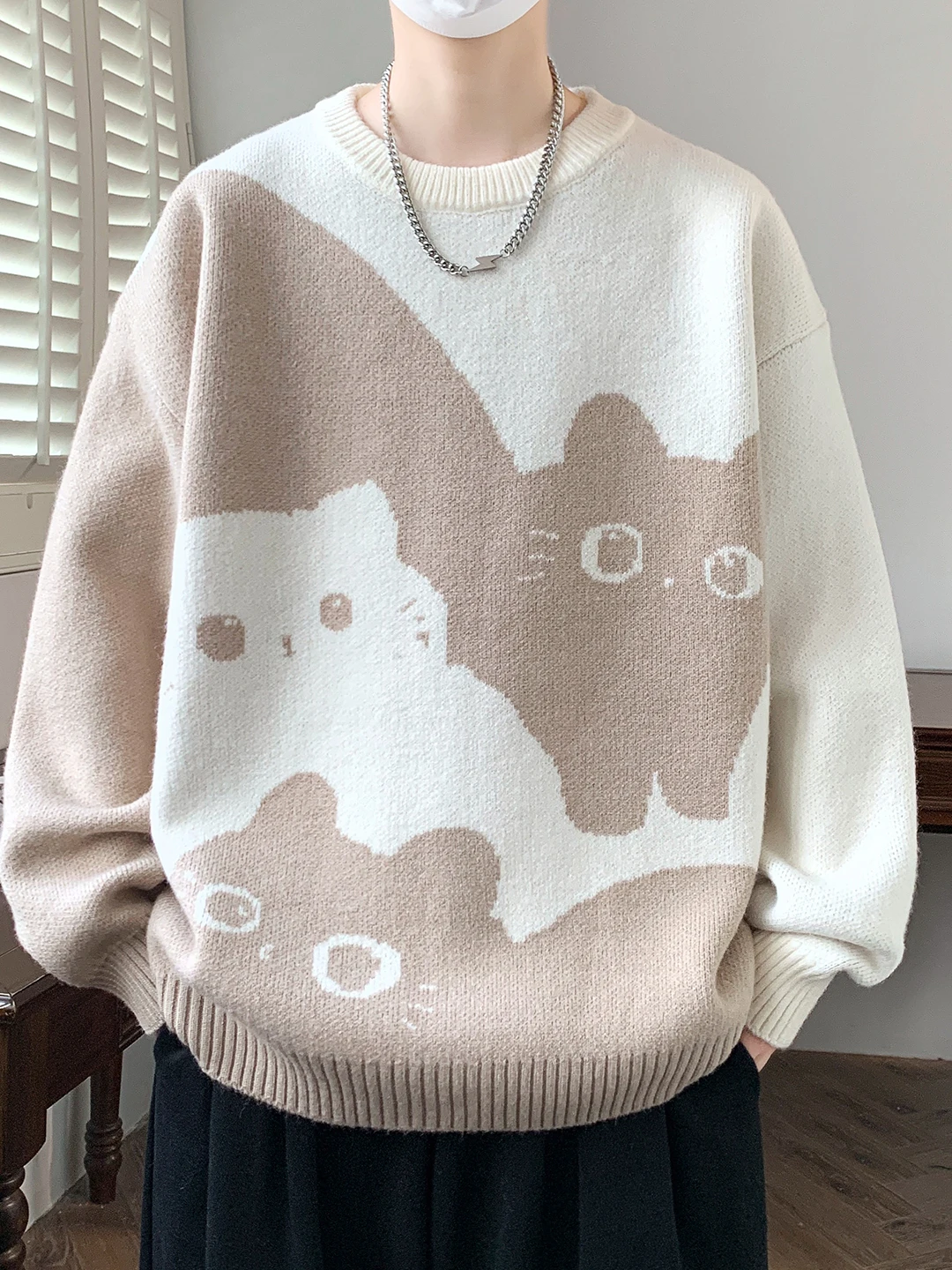 Autumn and Winter New Hot Sale Men's Black Khaki Green Loose Casual Daily Round Neck Long Sleeve Knitted Sweater