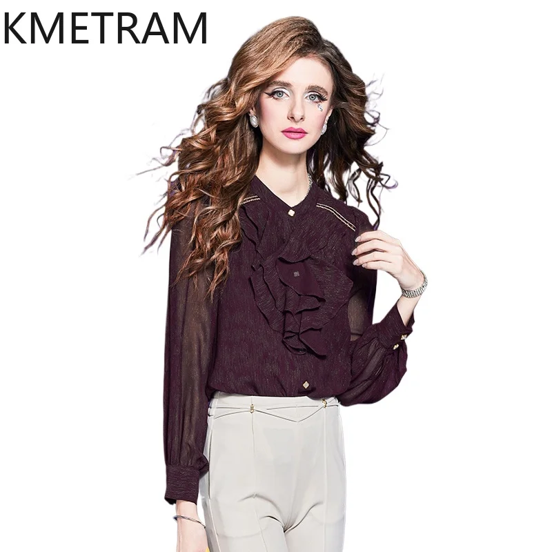 

KMETRAM Spring Tops for Woman Vintage Ruffle Blouse Brown Long Sleeve French Style Elegant Office Shirts 2026 Women Clothes トップス
