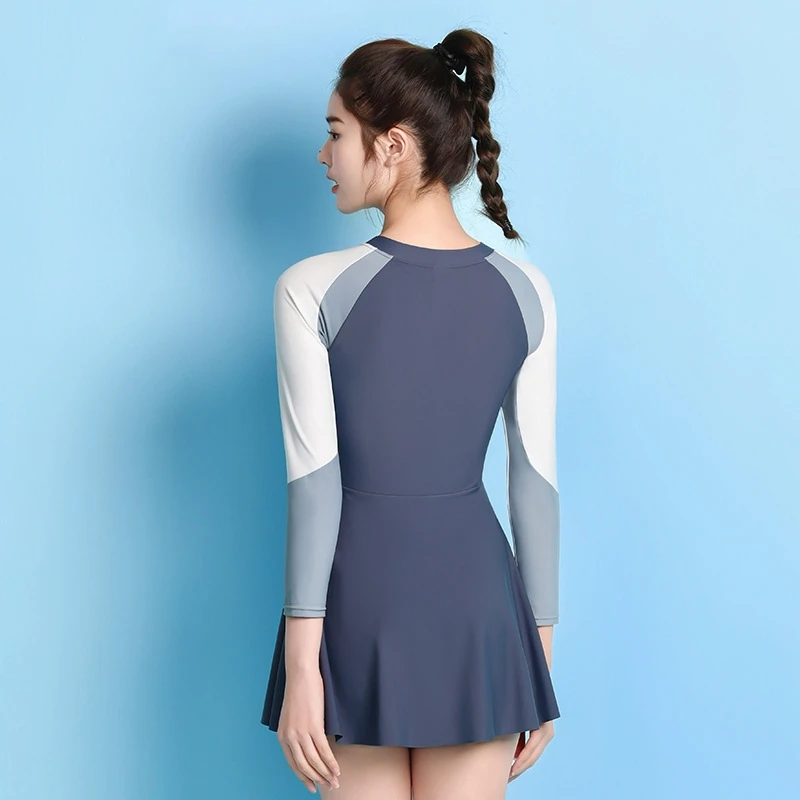 Women One Piece Long Sleeve Quick-Dry Sports Bathing Surfing Swim Skirts Professional WaterProof Push UP Beach SwimWear