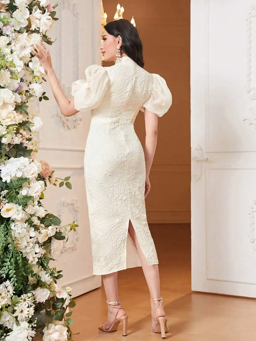 

Puff Sleeve Split Backless Jacquard Evening Dress Knee Length