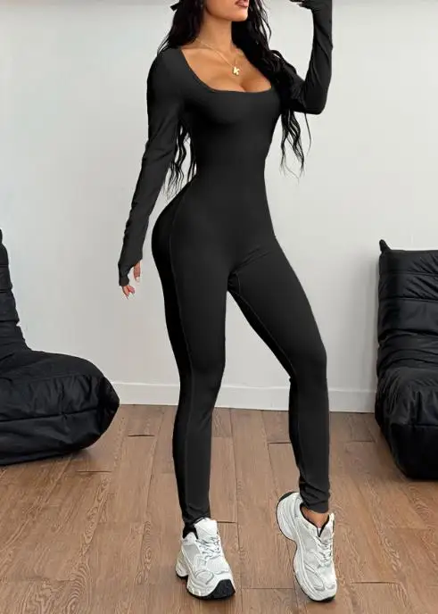 Yoga Exercise High Elasticity Slightly Spicy Long Pants Jumpsuit Summer Women's Square Neck Long Sleeved Solid Color Jumpsuit
