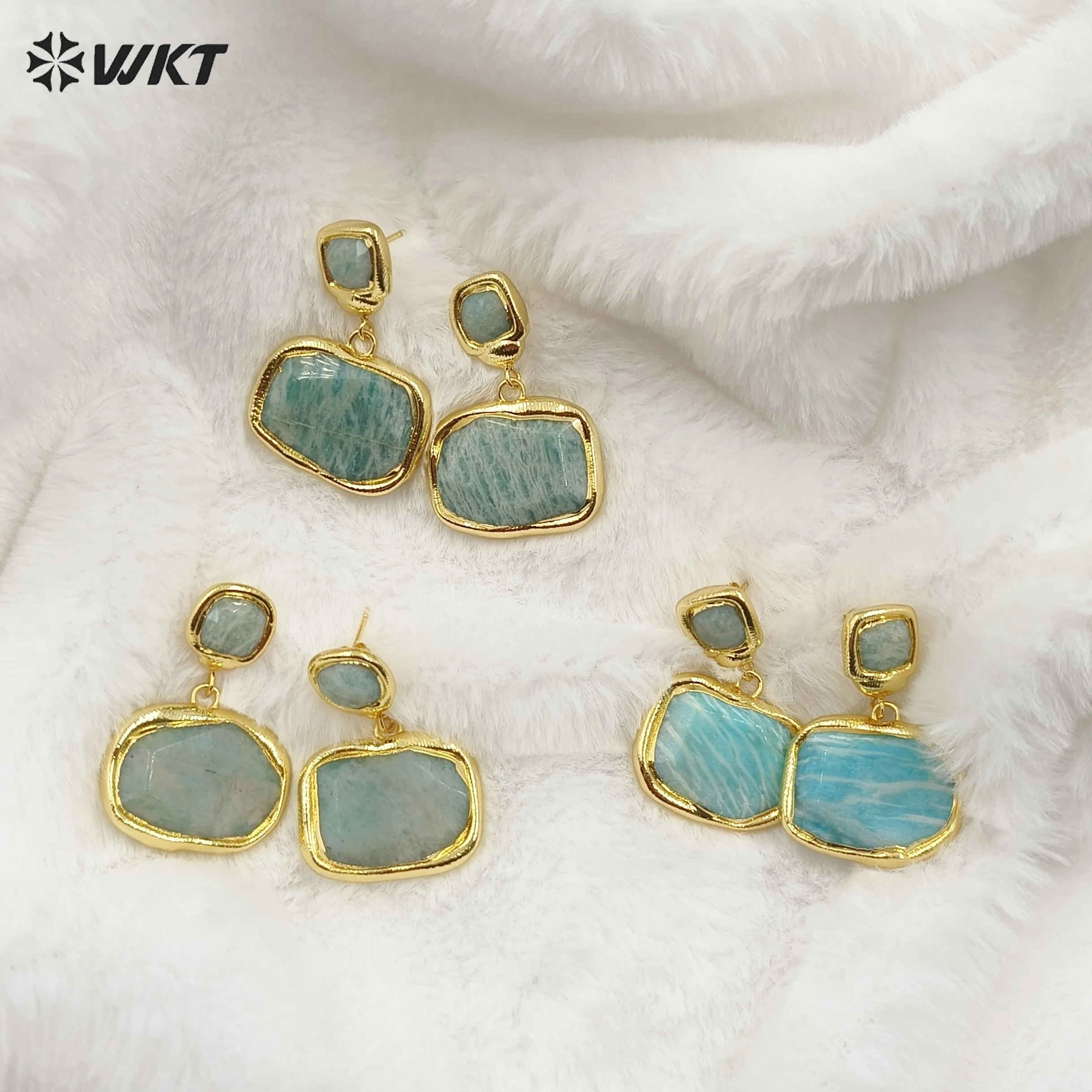 

WT-E753 New Classic Natural Amozonite Stone Randomly Colored With 18k Gold Plating Square Shape Earring For Women Decorated