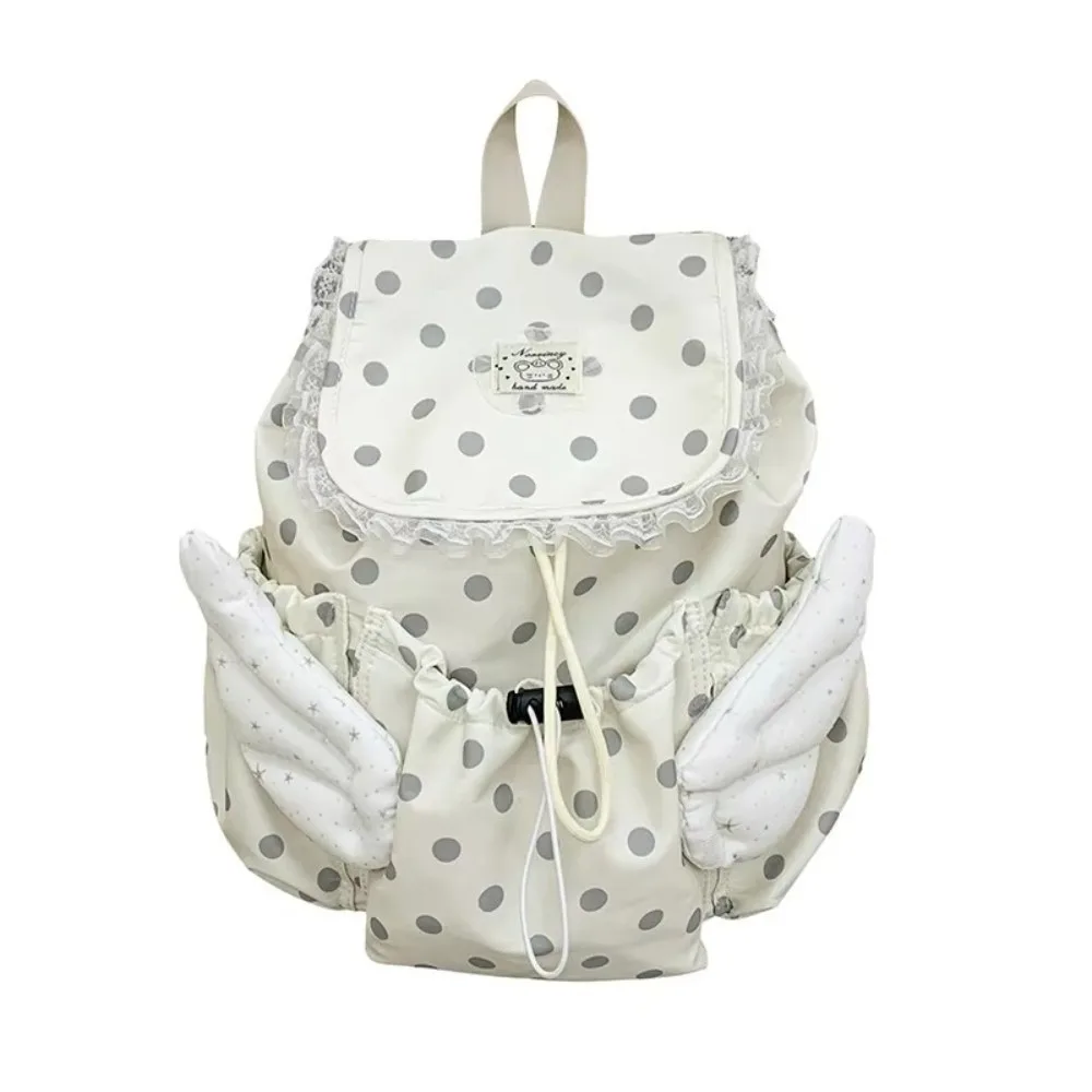Polka Dot Pattern Drawstring Backpack Angel Wings Large Capacity School Daypack Lace Trim Adjustable Drawstring Travel Backpack