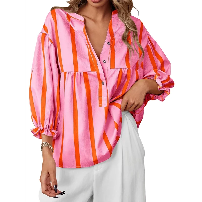 

【D75C】Womens Puff Sleeve Babydoll Tops Summer V Neck Striped Blouse Cute Casual Loose Fit Flowy Shirts