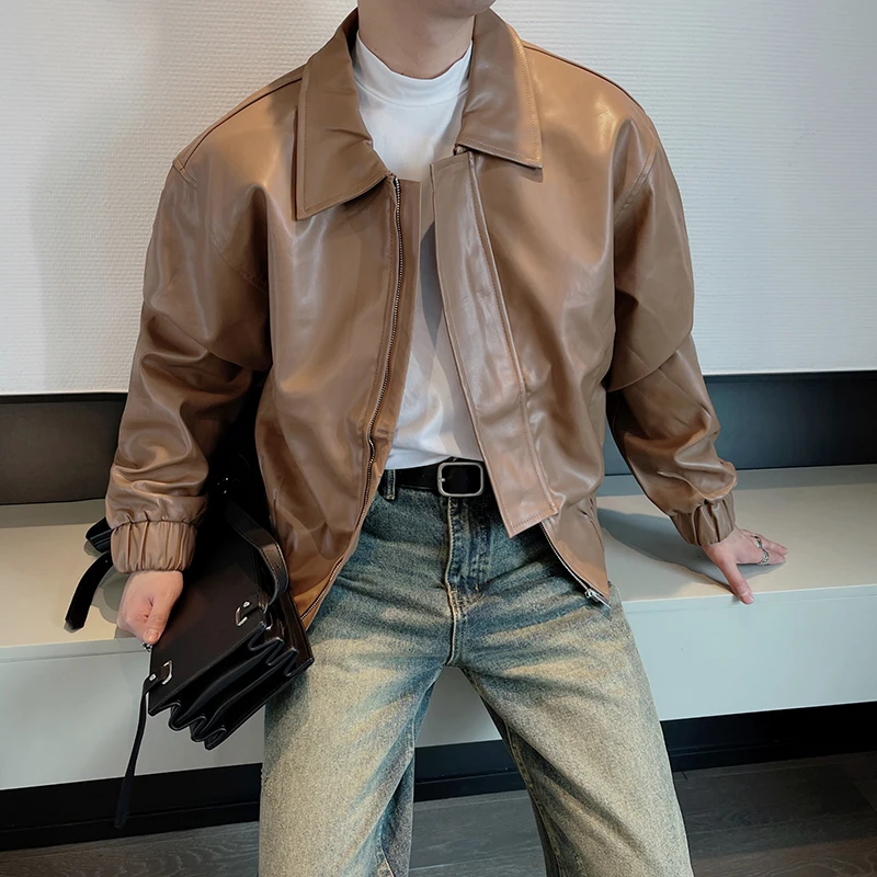 Autumn/Winter Korean Retro PU Leather Jacket Men Loose Motorcycle Leather Coat Lapel Short Streetwear Social Casual Men Clothing