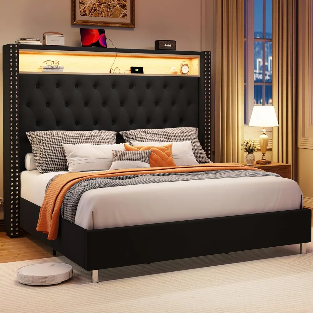 Bed Frame with LED Lights and Charging Station, Velvet Tall Upholstered Platform Bed Wingback Headboard, No Box Spring Needed