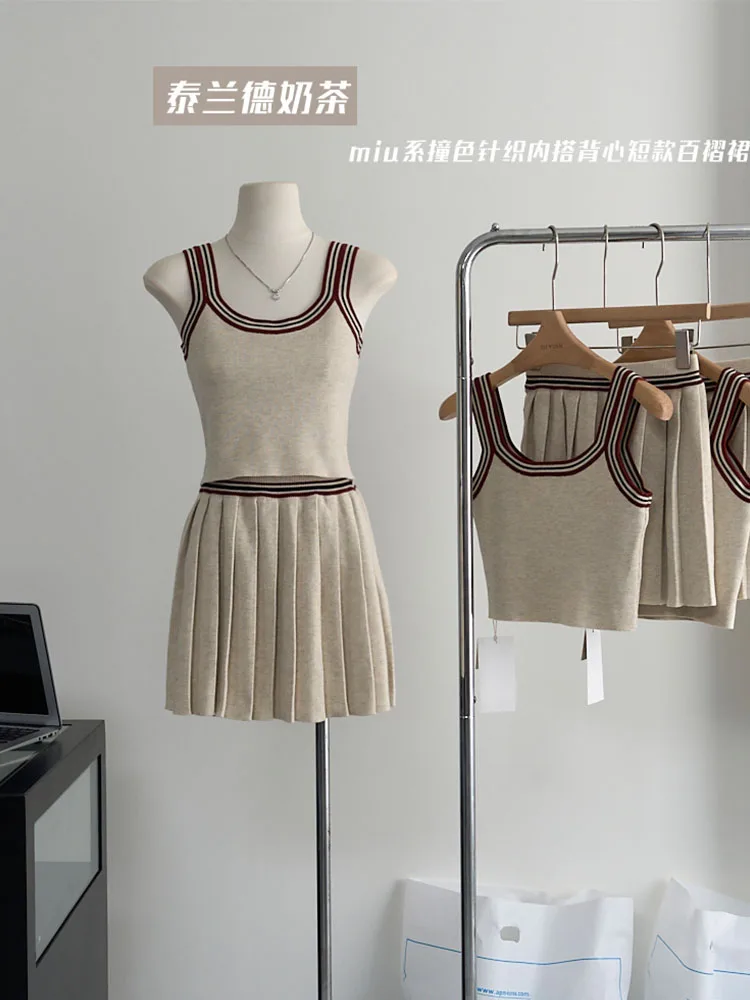 American Vintage Fashion Outfits 2 Piece Skirt Set Khaki Striped Tank Top Cozy + Classical Elastic Waist Pleated Skirt Elegant