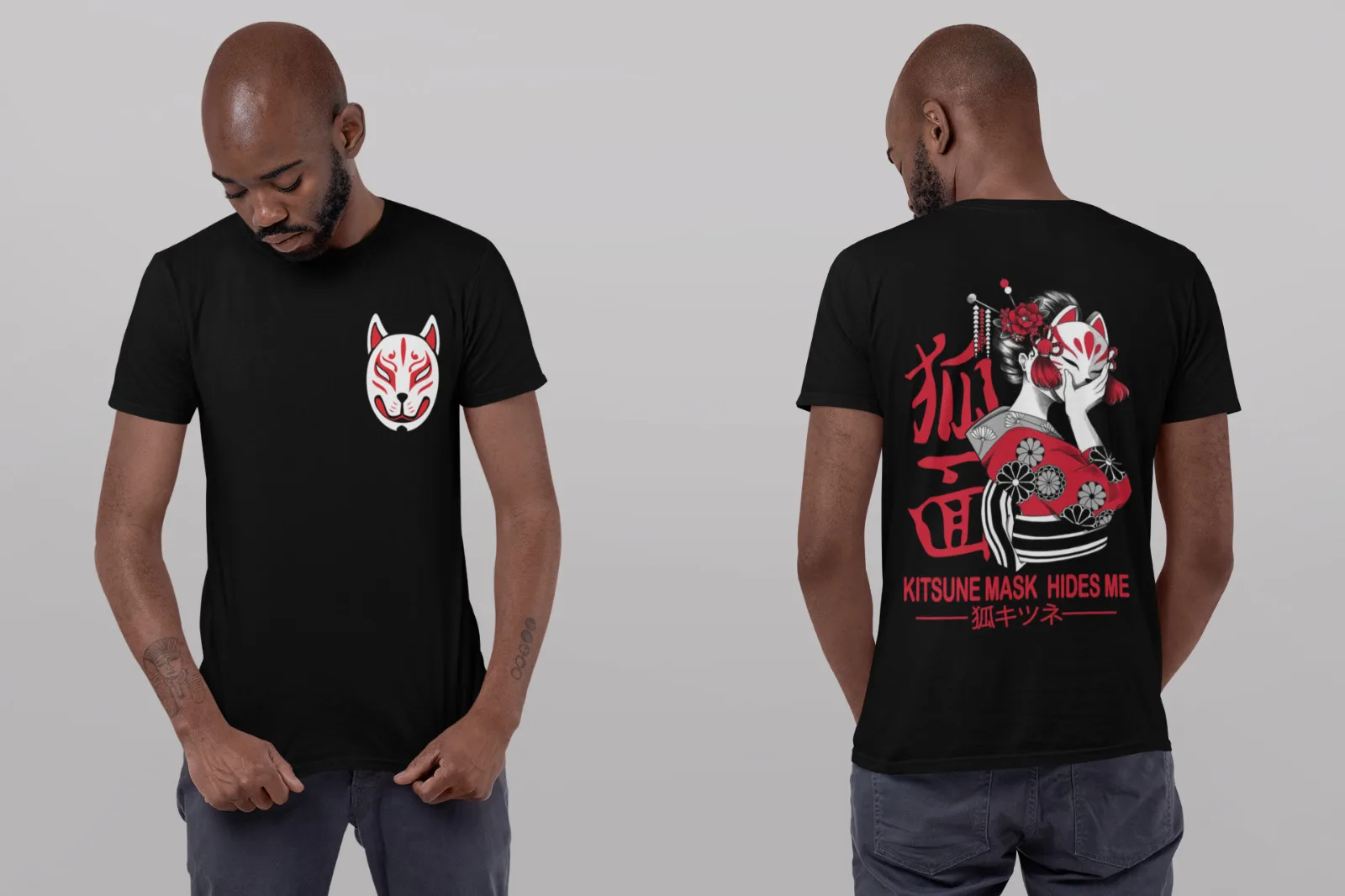 Kitsune, japonya Kyoto, tilki, maske Kanji, yeni, Kitsune maskt-gömlek (geri) unisex gömlek