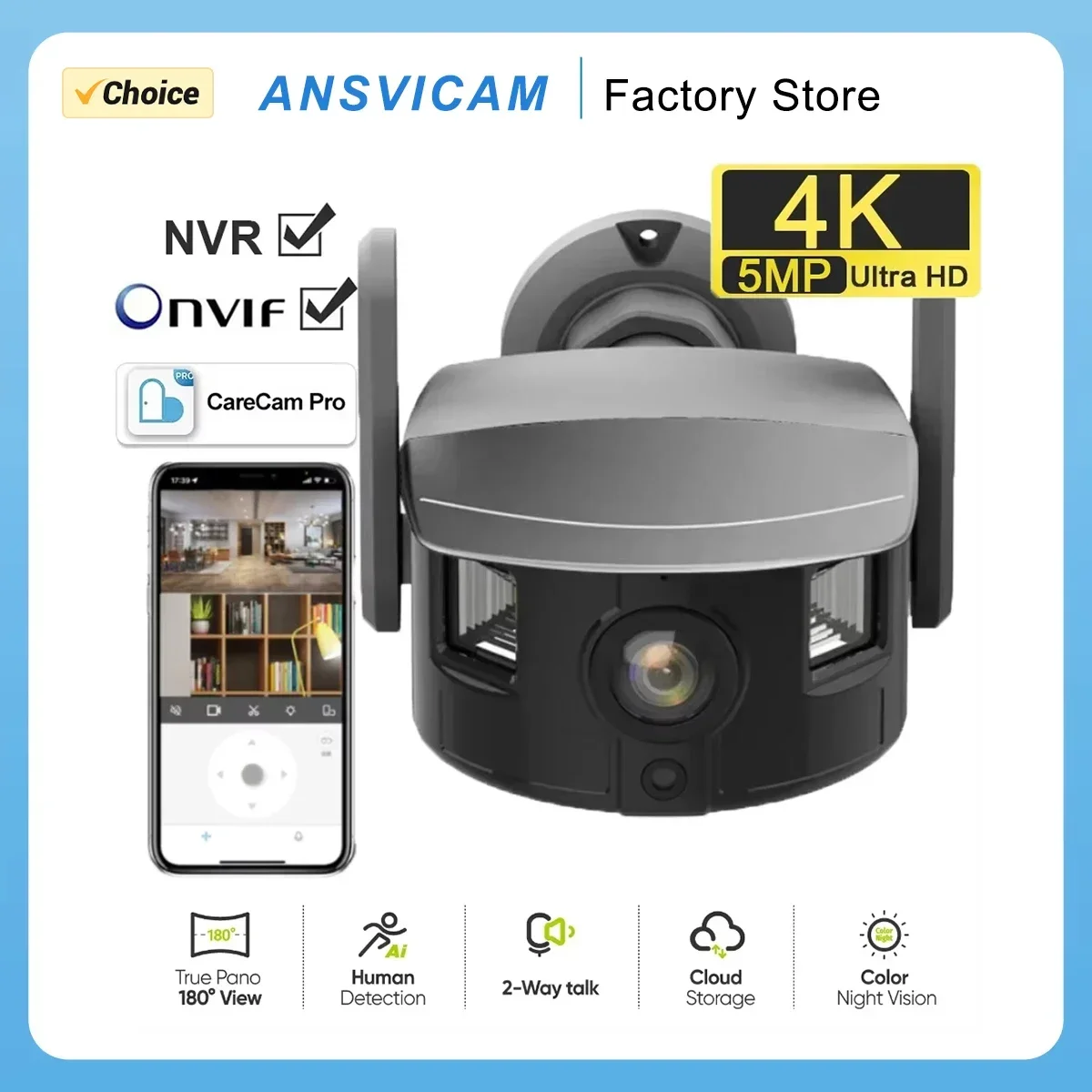 

180° Wide Angle WiFi IP Camera 4K 5MP Dual Screen Output Outdoor Night Vision PTZ Control Motion Detection Security Monitoring