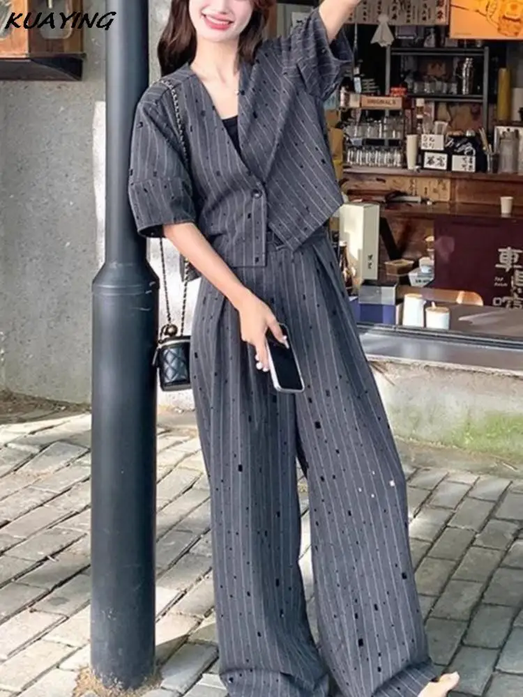 Women Striped Wide Leg Pants Two Piece Set Summer Fashion Female Street Style Short Sleeved  Shorts Suits Female Casual Outfits