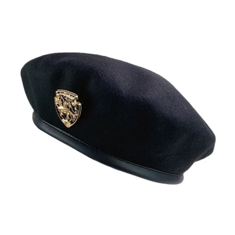 

Jk Stylish Unisex Black Beret Hat with Metal Badge Hats for Women Japanese Collage Style British Sailor Caps Fashion Accessories