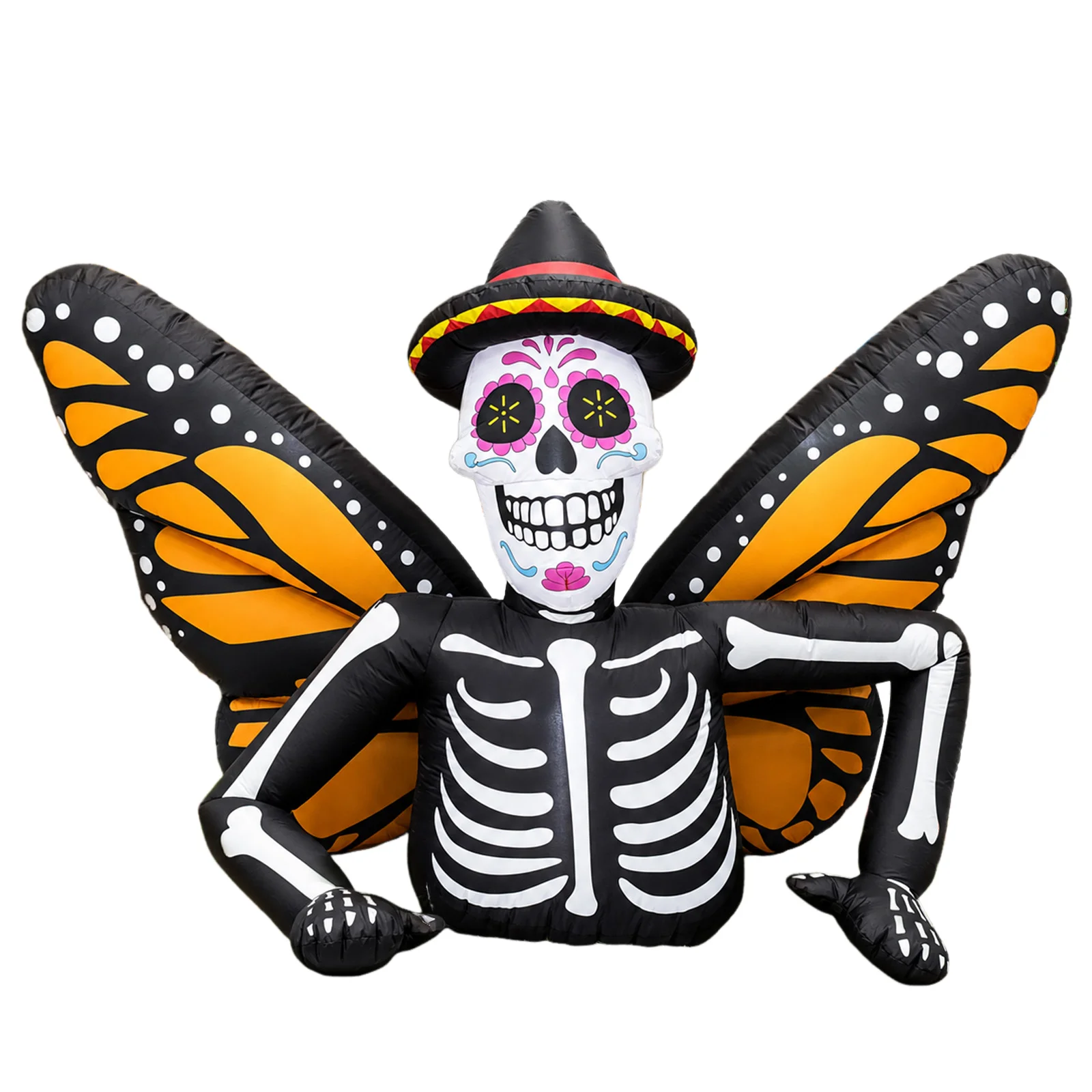2,13 m Halloween Aufblasbare Schmetterlings-Totenkopf-Figur mit LED-Beleuchtung, Geeignet für Halloween-Außendekoration
