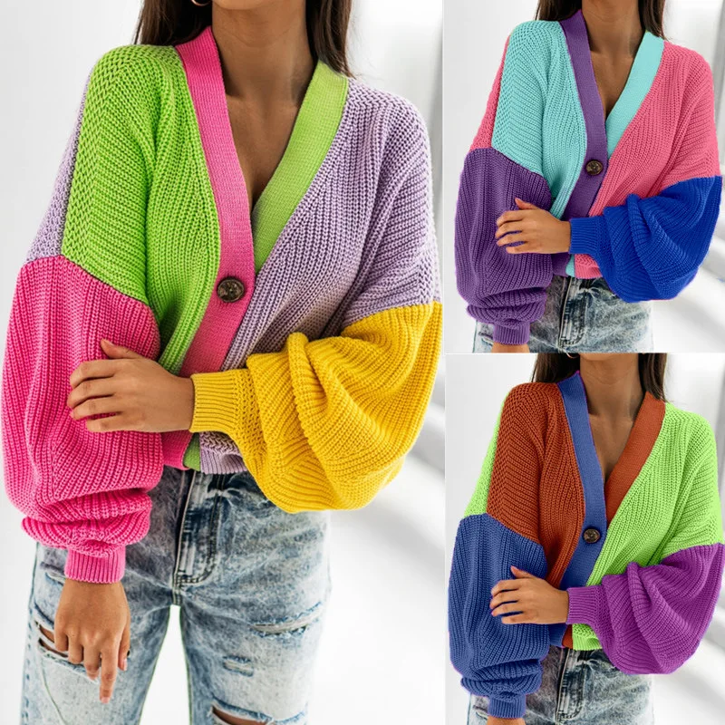 

2025 autumn and winter new women's fashion casual color blocking eye-catching wool long sleeved cardigan women's clothing