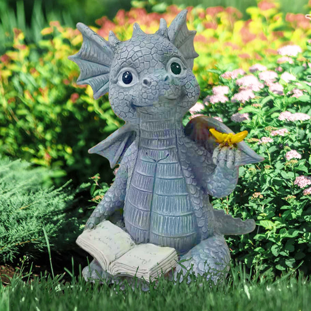 Mini Reading Dragon Statue Resin Amusing Reading Dragon Figurine Creative Dinosaur Meditation Sculpture for Lawn Decor