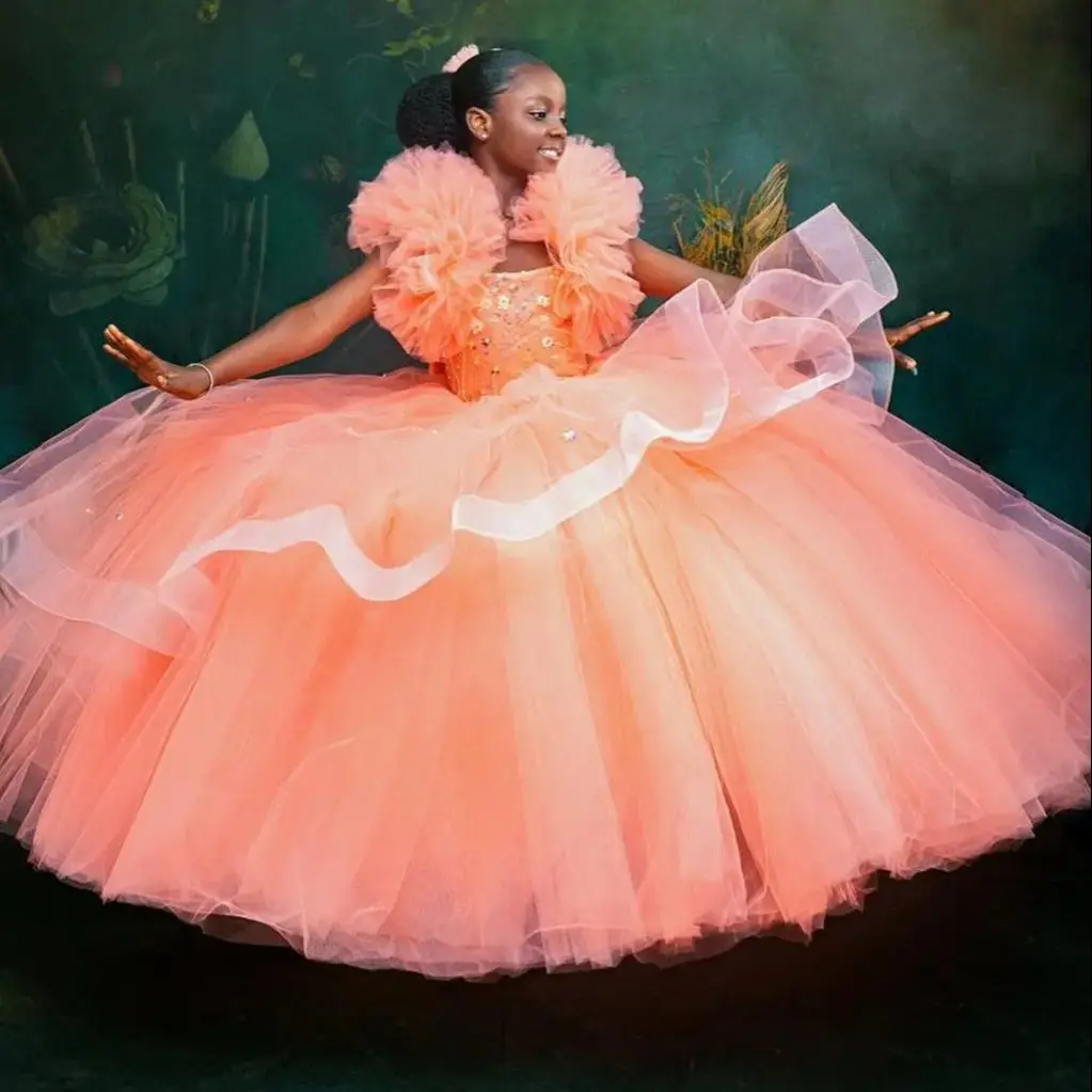 Princess Ball Gown Girls Birthday Party Dresses Ruffles Peach Pink Flower Girl Dresses Kids Pageant Gowns for Photo Customized