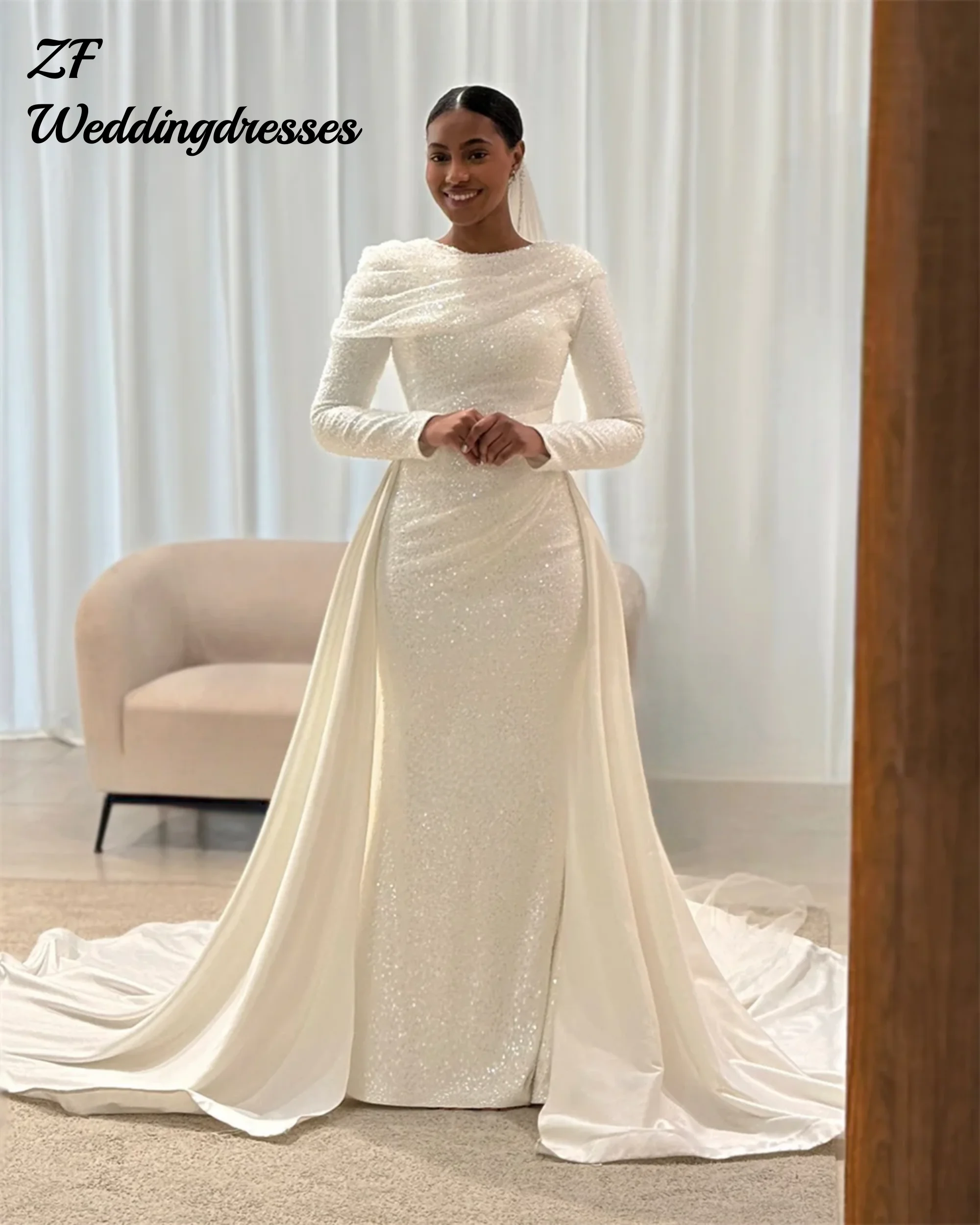 

Customized Shiny Beaded Sequined Long Sleeves Sheath Wedding Dresses With Detachable Tail Vestido De Noival