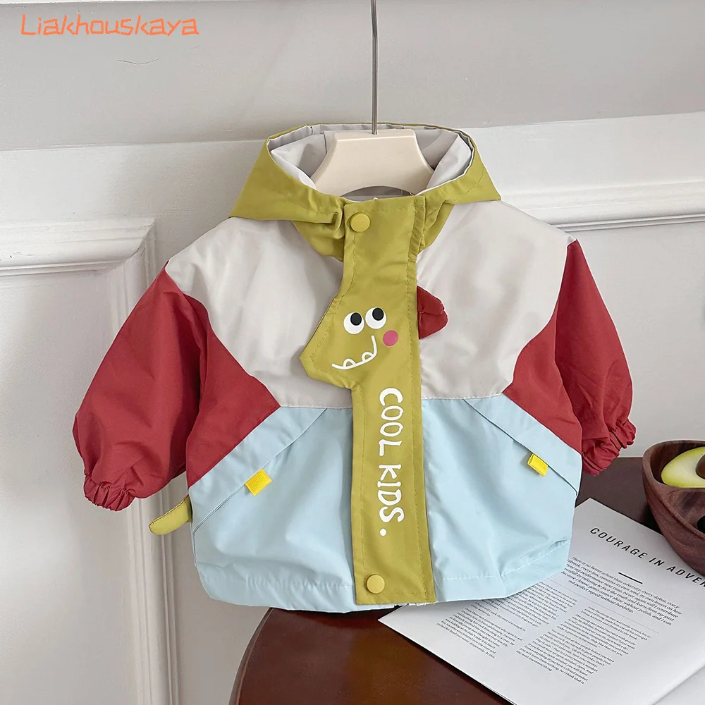 2026 New Spring Kids Dinosaur Windbreaker Jacket For Boys Korean Style Block Hooded Coat Toddler Baby Boys Long Sleeve Outerwear
