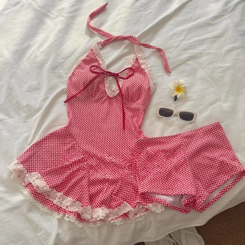 Retro Y2K Red Plaid One-piece Swimsuit Women Sexy Lace-up Halter Beach Dress Swimwear with Shorts Cute Bow Holiday Bathing Suit