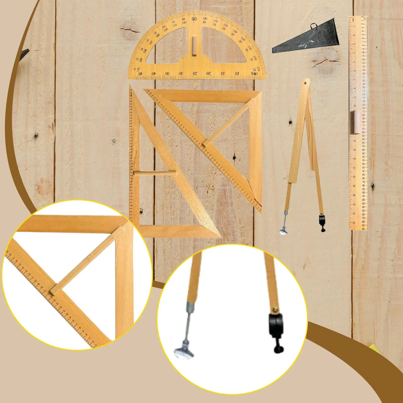 

5Pcs Large Math Geometry Rulers Teach Geometric Math Concepts Office Teacher Aids 60° Triangle Wooden Geometry Set