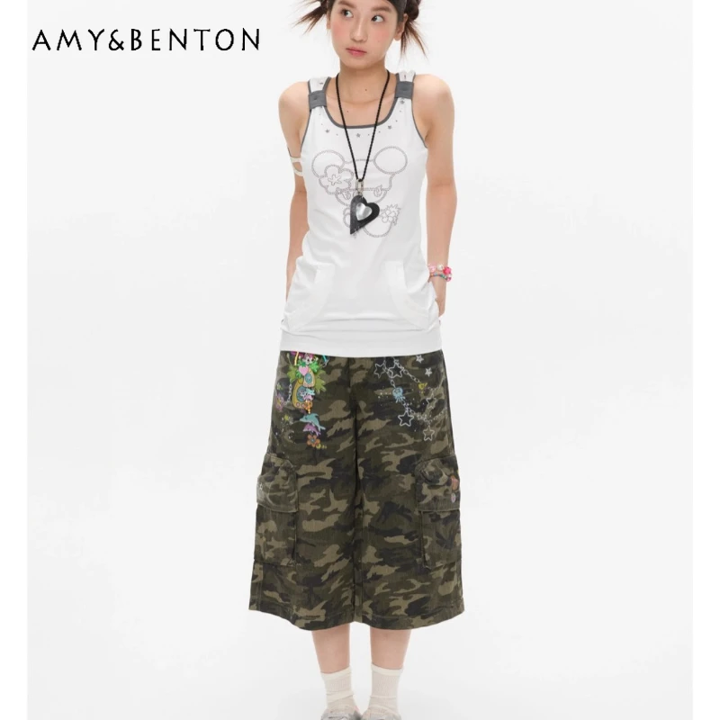 

2025 Summer New Design Print Camouflage Women's Capri Pants American Retro Sweet Cool Loose Slimming Versatile Trousers Ladies