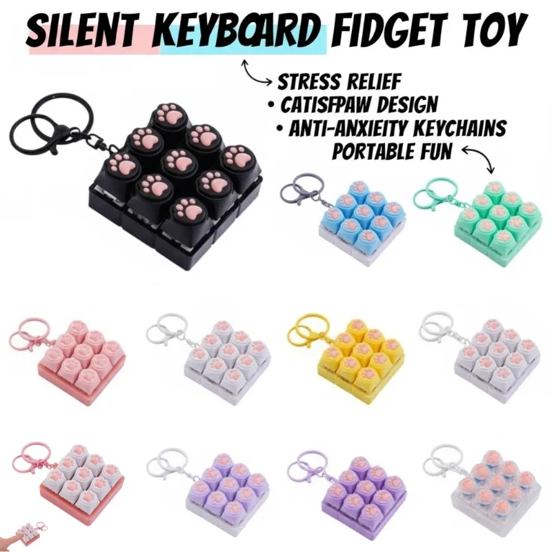 Silent Cat Paw Keyboard Fidget Toy Mechanical Clicker Keychain Stress Relief ASMR Button Toy for Anxiety ADHD Kids Adult