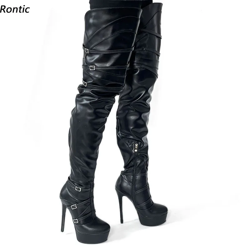 

Rontic New Women Winter Long Boots Platform Faux Leather Thin High Heel Round Toe Elegant Black Street Shoes Ladies US Size 5-20