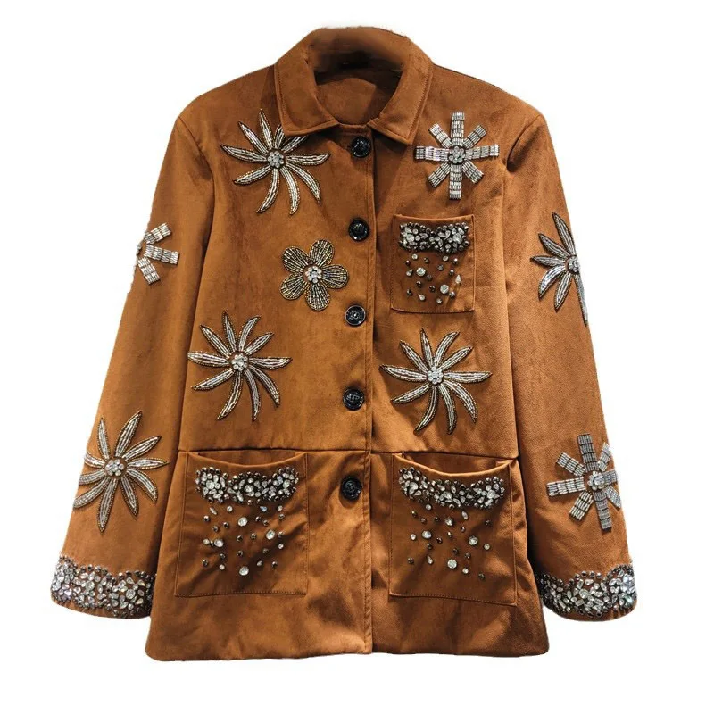 WTHT 2025 Spring Fashion Women\'s Rivet Flower Loose Casual Jacket New Trendy Long Sleeves Single Breasted Coat Female 1LS713