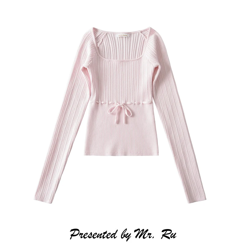 

Вязаная кофта Pure Desire с вырезами, длинными рукавами, облегающая, с квадратным воротником, антивозрастная, розовая, для молодых девушек